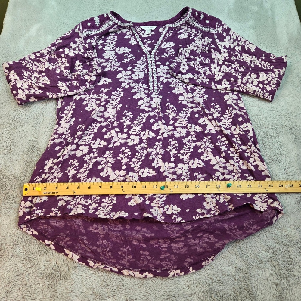 Lucky Brand Top Womens 1X Embroidered Floral Split Neck Plum Purple Cotton Blend